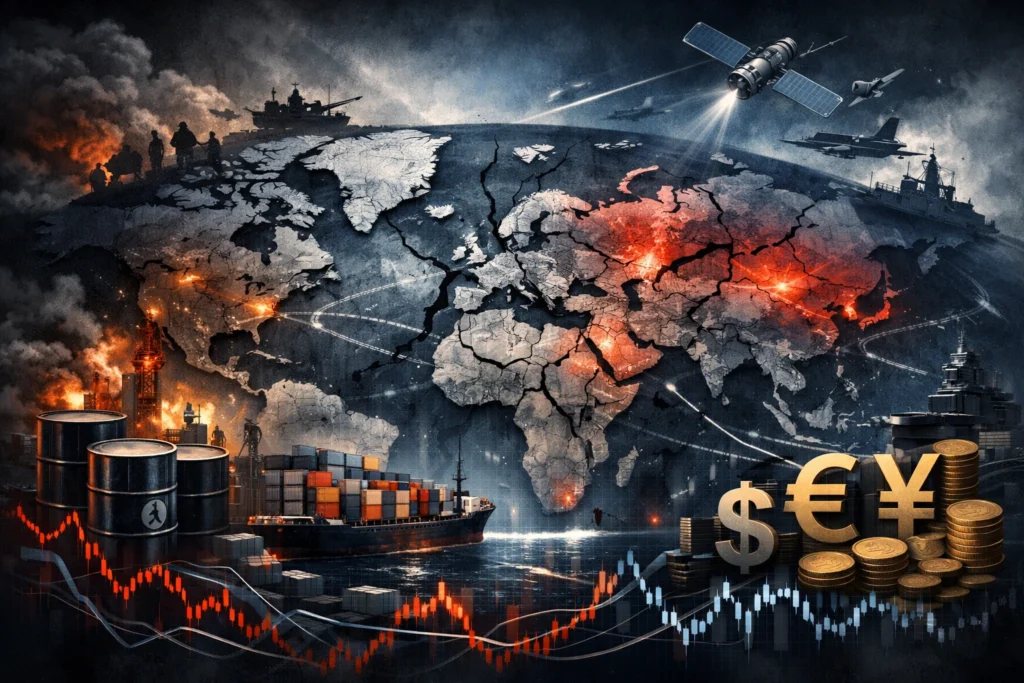 Conceptual illustration showing global geopolitical events impacting the world economy through conflicts, trade disruptions, energy shocks, and financial market volatility