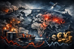 Conceptual illustration showing global geopolitical events impacting the world economy through conflicts, trade disruptions, energy shocks, and financial market volatility