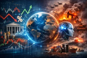 Conceptual visualization showing global financial markets interconnected with central bank policy, technology disruption, and geopolitical tension—representing the complex dynamics that shaped the world economy in 2025