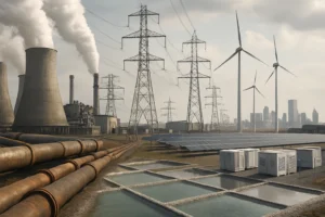 Energy transition challenges illustrated through fossil fuels, renewable energy, and power infrastructure